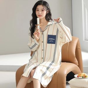 Ropa de dormir para mujer 2024 Primavera Casual Rayas Manga larga Camisones de algodón para mujeres Vestido de noche suelto coreano Camisón Camisón de casa