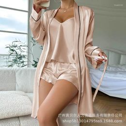 Vêtements de nuit pour femmes, pyjama en soie glacée, couleur Pure, bretelles, short, chemise de nuit, ensemble trois pièces, printemps été, 2024