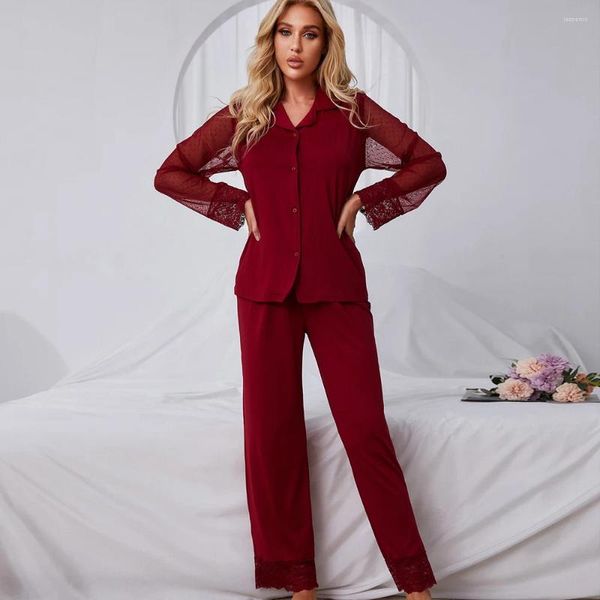 Vêtements de nuit pour femmes 2024 printemps été mince dentelle rouge chemise noire col en V pyjamas femmes peignoirs maison sommeil vêtements féminins 2 pièces ensembles S M L