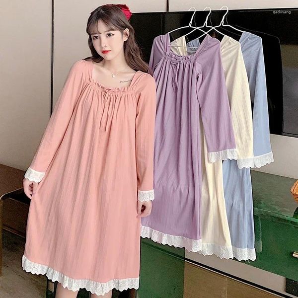 Ropa de dormir para mujer 2024 Primavera Dulce Princesa Algodón Camisones de manga larga para mujeres Coreano Lindo Vestido de noche de encaje Camisón Camisón de casa