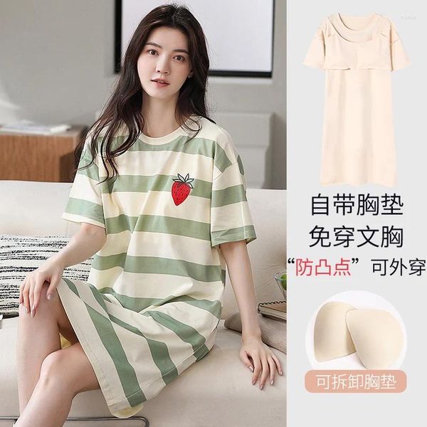 Ropa de dormir para mujer 2024 Verano de manga corta de algodón lencería camisones para mujeres coreano casual vestido de noche a rayas camisón camisón