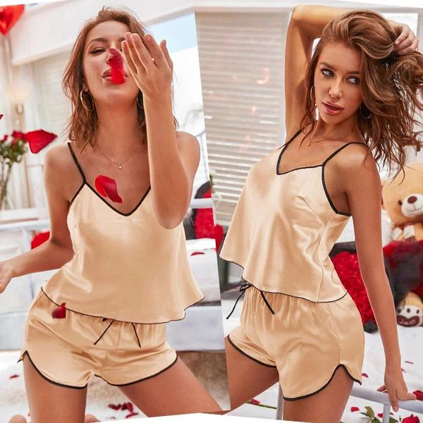 Vêtements de nuit pour femmes 2024 Été Femmes Sexy-Lingerie Satin Soie À Lacets Sommeil De Nuit Robe D'été Short Pyjama Ensemble