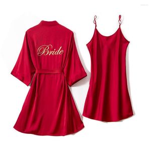 Vêtements de nuit pour femmes 2 pièces Kimono peignoir robe broderie lettre femmes bordeaux mariée demoiselle d'honneur mariage décontracté chemise de nuit intime Lingerie