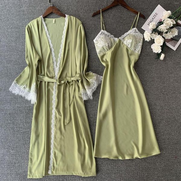 Vêtements de nuit pour femmes 2PCS Lady Kimono Robe Robe Set Lace Strap Nightgown Sexy Bridal Wedding Peignoir Loungewear Satin Chemise Lingerie