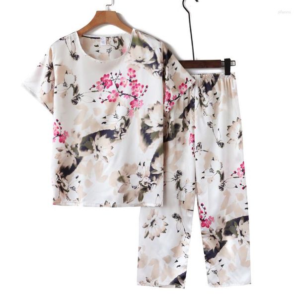 Vêtements de nuit pour femmes 2PCS Pyjamas Set Summer Ladies Silky Satin Pijamas De Mujer Floral Printing Nouveauté Vêtements