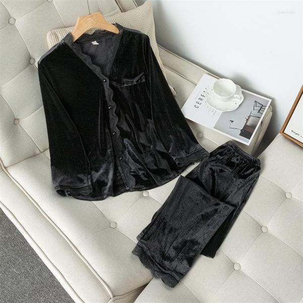 Vêtements de nuit pour femmes 2 pièces pyjamas costume Lingerie intime à manches longues noir vêtements de nuit femmes velours maison vêtements ensemble de sommeil pyjamas décontractés