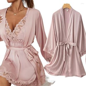 Vêtements de nuit pour femmes 2 pièces ensemble de robe chemise de nuit broderie dentelle robe de peignoir de mariage sexy satin été vêtements de maison chemise de nuit lingerie