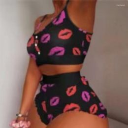 Vêtements de nuit pour femmes 2 pièces ensemble dame imprimer pyjama sans manches garniture pyjamas sommeil Shorts dentelle Pijama costume femmes Sexy nuisettes sous-pantalon