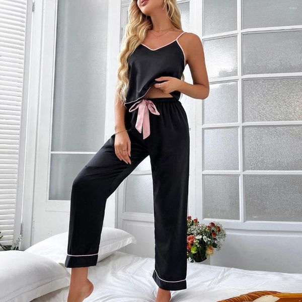 Vêtements de nuit pour femmes 2 pièces femmes pyjamas sommeil ensemble chemise de nuit Pijamas costume été Sexy soyeux Satin intime Lingerie vêtements de maison