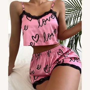 Vêtements de nuit pour femmes 2 pièces femmes shorts pyjamas ensemble chemise de nuit costume sans couture dentelle vêtements de nuit vêtements de nuit camisoles Sexy lettre d'amour dames ensembles de lingerie