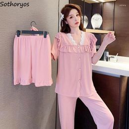 Mulheres sleepwear 3 pcs conjuntos de pijama mulheres doce laço verão vintage estilo coreano moda v-pescoço casual lounge macio feminino aconchegante macio