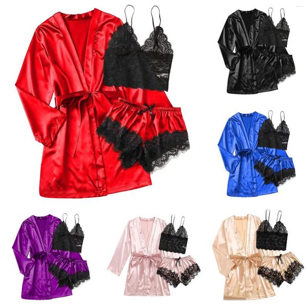 Vêtements de nuit pour femmes 3 pièces ensemble de pyjamas sexy en satin de soie dentelle florale hauts sans manche taille haute shorts avec Robe Pijamas Para Mujer