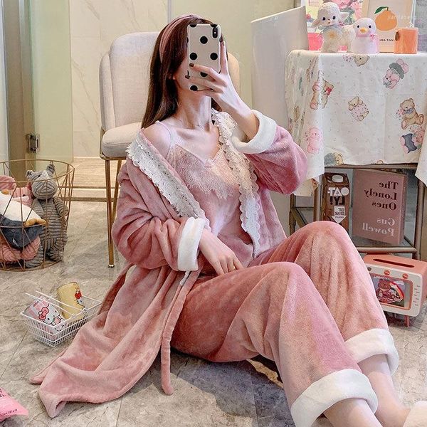 Vêtements de nuit pour femmes 3PC automne hiver corail polaire femmes pyjamas ensembles flanelle robe sexy débardeurs hauts pantalons femme vêtements de nuit costume de sommeil F