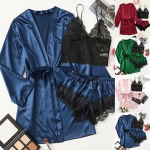 Vêtements de nuit pour femmes 3pc robe de soie costume de sommeil femmes dentelle satin pyjama robe ensemble col en v cami nuisettes porter pijama maison vêtements de nuit printemps