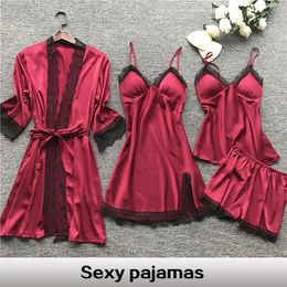 Vêtements de nuit pour femmes 4 pièces Sexy dentelle pyjamas mode col en V robe confort avec coussinets de poitrine chemise de nuit décontracté Loungew 231031