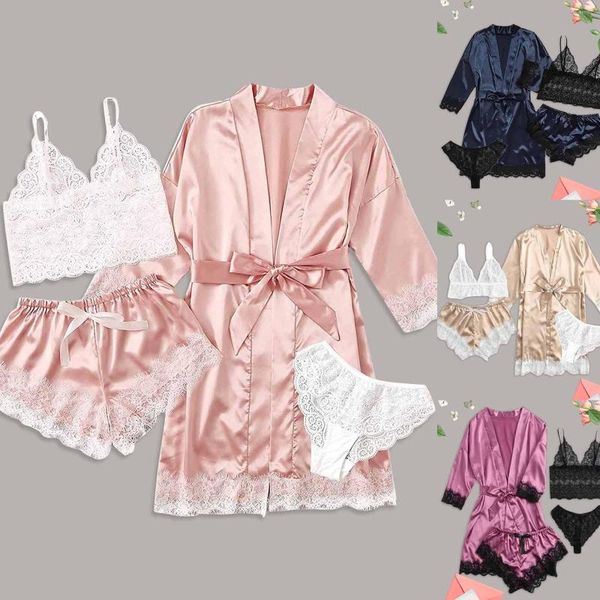 Vêtements de nuit pour femmes 4 pièces femmes sexy jarretière ensemble de lingerie robes body en dentelle sous-vêtements col en V profond glace soie satin pyjamas chemise de nuit vêtements de nuit