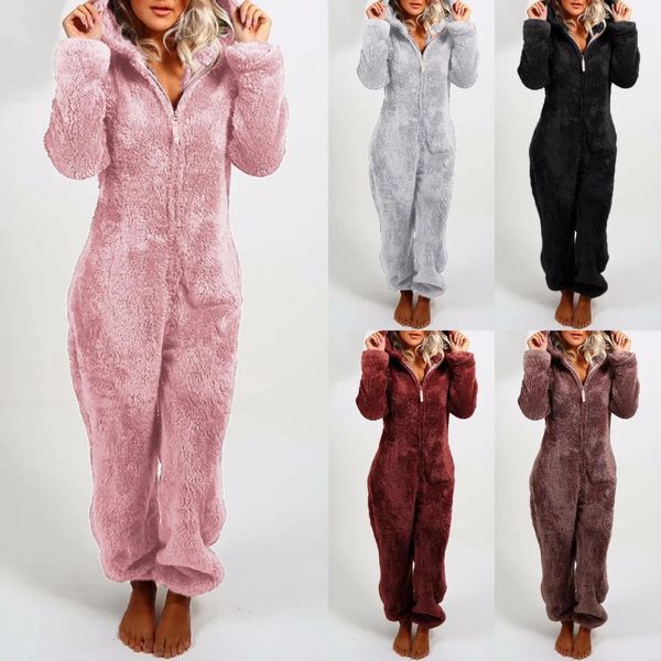 Vêtements de nuit pour femmes 5 couleurs de mode à manches longues à capuche en fausse fourrure combinaison pyjama décontracté hiver chaud couleur unie mignon ours barboteuses homewear 231206