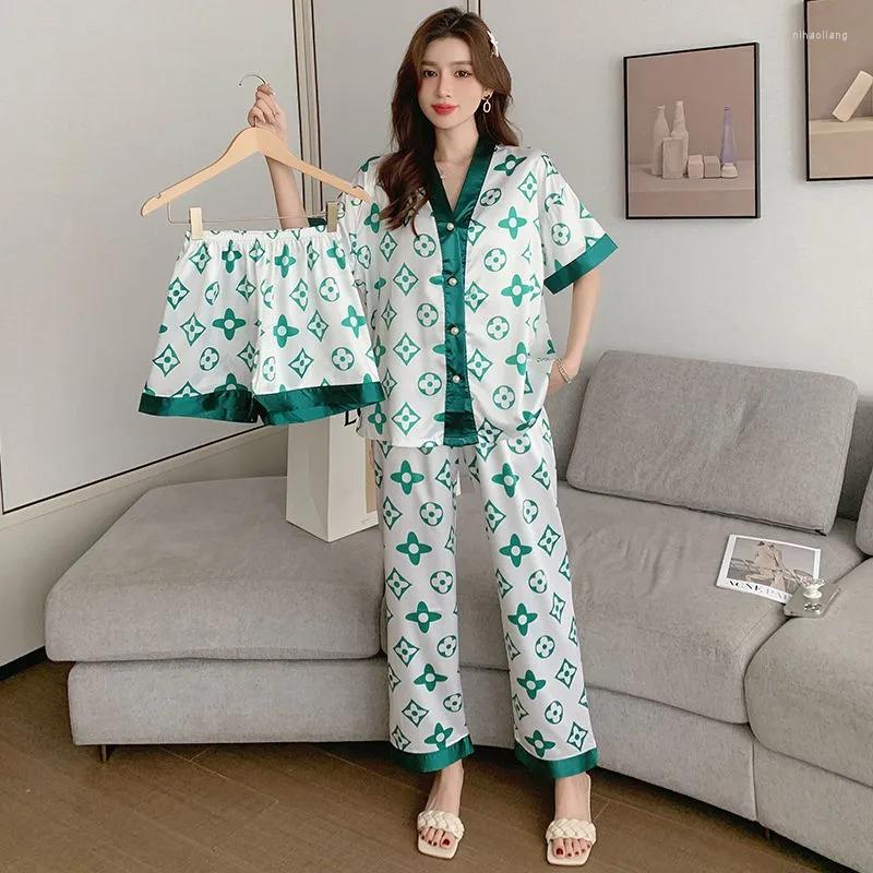Kvinnors sömnkläder 5006149 3-stycks isilkpyjamas sommar kortärmad koreansk version avslappnad lös plusstorlek fett avancerad hemkläder