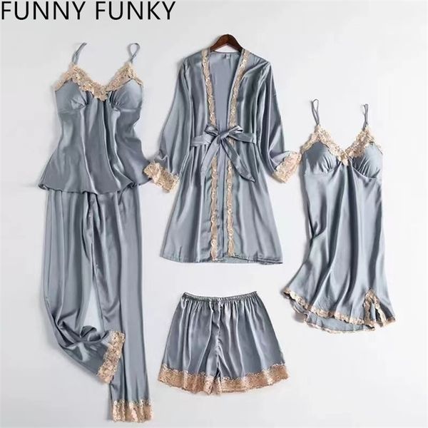 Vêtements de nuit pour femmes 5PC robe de soie costume de sommeil femmes dentelle mousseline de soie satin pyjama robe ensemble col en v vêtements de nuit pyjama maison vêtements de nuit printemps chemise de nuit 220924