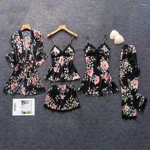 Dames Sleepwear 5pc Vrouwen Pyjama Sets Sexy Lace Satin Robe Bathrobe broek Shorts Lingerie Set met borstkussentjes 2022