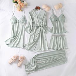 Dames slaapkleding 5 stks Faux Silk Women Pyjama Set Solid Shorts Spring Summer Huiskleding Raad Lace Nightdress Sleep Dress Pajama