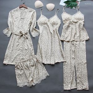 Ropa de dormir para mujer, 5 uds., pijama de leopardo, traje de primavera para mujer, lencería íntima, conjunto de dormir de encaje satinado, ropa de dormir informal para el hogar