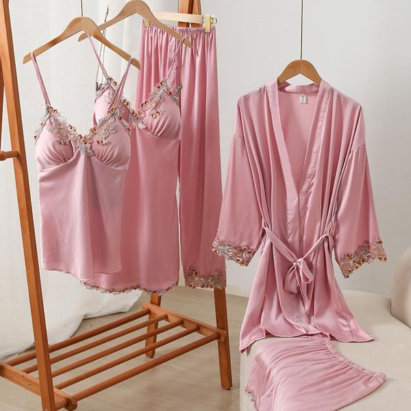 Vêtements de nuit pour femmes 5 pièces Robe Robe costume femmes soyeux Satin printemps été femme pyjamas ensemble Sexy dentelle Kimono peignoir vêtements de maison