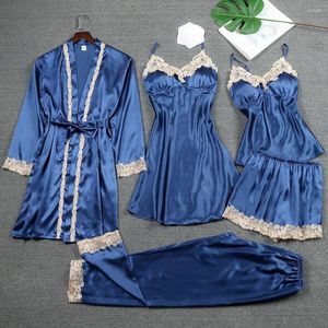 Vêtements de nuit pour femmes 5 pièces Robe ensemble femmes Satin soyeux vêtements de nuit dentelle Patchwork Kimono peignoir Robe été intime Lingerie chemise de nuit