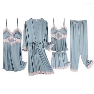 Vêtements de nuit pour femmes 5 pièces sommeil ensemble gris chemin à manches longues décontracté Satin chemise de nuit vêtements de nuit femme nouveauté Kimono peignoir robe maison