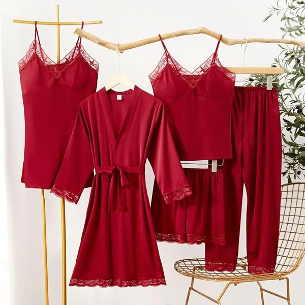 Vêtements de nuit pour femmes 5pcs femmes bordeaux robe pyjamas ensembles m-xxl dentelle garniture printemps été kimono peignoir loungewear chemise de nuit vêtements de maison