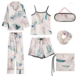 Ropa de dormir para mujer Conjuntos de 7 piezas Pijamas Traje de otoño Seda de hielo Satén Estampado de flores Pijama Outwear Pijama para el hogar