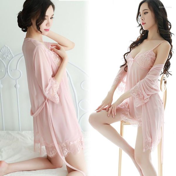 Ropa de dormir para mujer, pijamas sexis de encaje de tres piezas para adultos, ropa interior divertida, vestido de perspectiva, lencería para dormir con tirantes de malla