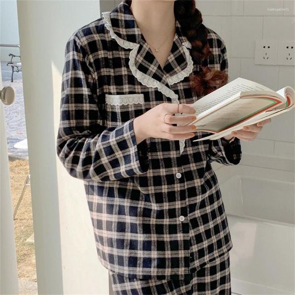 Vêtements de nuit pour femmes Alien Kitty Noir Plaid Casual Femmes Pyjama Costumes 2023 Printemps Lâche Haute Qualité Dentelle Home Wear Confortable Chic Sommeil