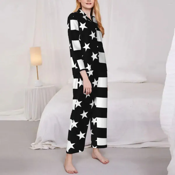 Ropa de dormir para mujer Conjuntos de pijamas con bandera estadounidense Primavera Moda en blanco y negro Dormir Señora Dos piezas Sueltas de gran tamaño Ropa de dormir gráfica Regalo