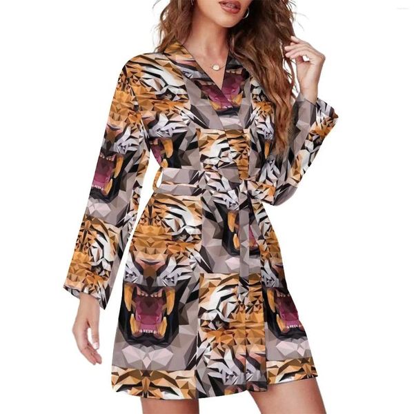 Ropa de dormir para mujer Angry Tiger Pijama Robe Animal Print Manga larga Casual Pijamas sueltos Batas Mujer Cuello en V Retro Otoño Vestidos estampados