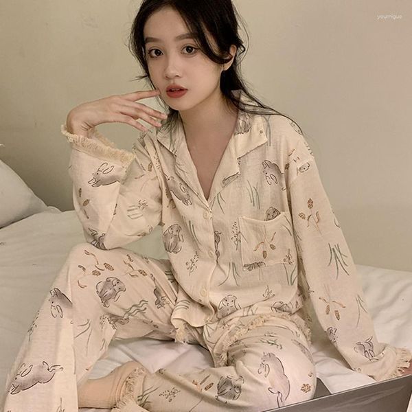 Vêtements de nuit pour femmes imprimé animal pyjama décontracté ensembles femmes simple boutonnage japon col rabattu vêtements de nuit printemps automne taille élastique