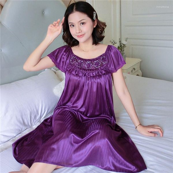 Vêtements de nuit pour femmes Applique Stitching Femmes Robe de nuit soyeuse Sous-vêtements à manches courtes Chemises de nuit Oversize Babydoll Casual Sweet Loungewear