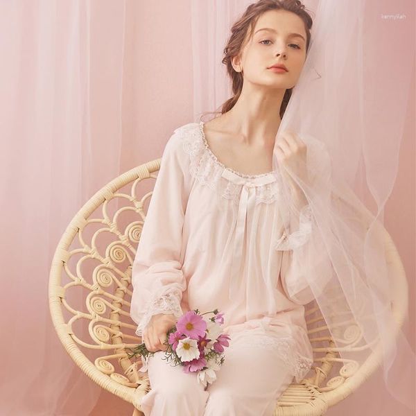 Ropa de dormir para mujer, conjunto de pantalones de pijama de princesa de otoño e invierno, Pijamas Vintage de encaje de tela para el hogar rosa y blanco