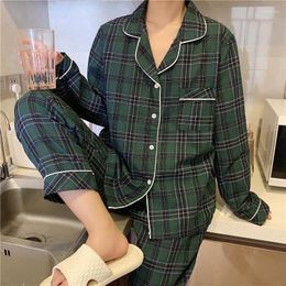 Kvinnors nattkläder Höst Casual Hem Set Kvinnor Pyjamas Fick Pläd 2-delad Lapel Krage Skjortor Byxor Lounge Wear Hemkläder Y141