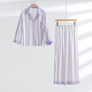 Vêtements de nuit pour femmes Automne Dames Coton Viscose À Manches Longues Pantalon Pyjama Femmes Homewear Costume Violet Rayé Imprimé Conjunto Femenino