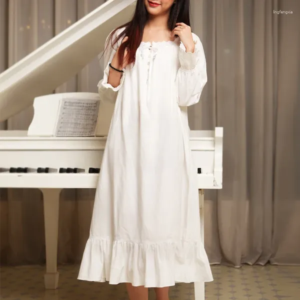 Ropa de dormir de las mujeres Otoño de manga larga de algodón princesa camisón corte retro alargado pijamas embarazadas blanco ropa de hogar grande
