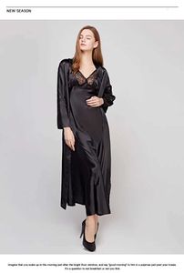 Dames slaapkleding herfst New Hollow Out Long Section Women Robe set Lace sexy spaghetti riem Cardigan Twinset Bathrobe Y240426