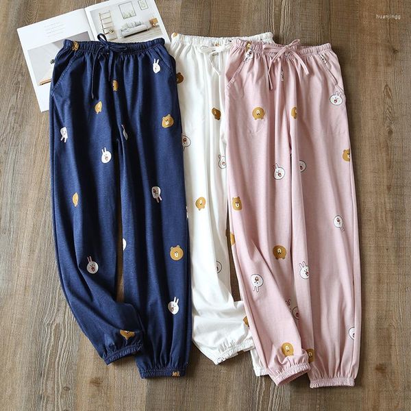 Ropa de dormir para mujer, pantalones de pijama de otoño, pantalones de algodón puro de punto fino para mujer, ropa de dormir con estampado de dibujos animados en la cintura elástica para dormir