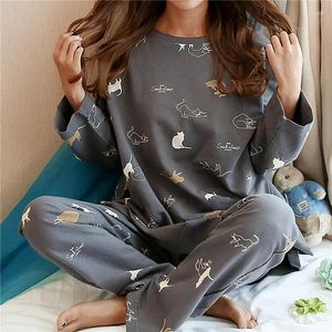 Vêtements de nuit pour femmes en pyjamas d'automne coréen mignon dessin animé à manches longues décontractées