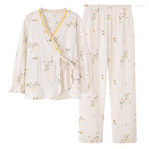 Vêtements de nuit pour femmes Automne Pyjamas Femmes Jeunes Filles Pyjama Ensembles Petites Fleurs Imprimer Kimonos Japonais Pour Plus La Taille 5XL Plein Coton Yukata