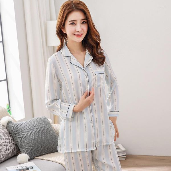 Vêtements de nuit pour femmes automne Satin mousseline de soie rayé à manches longues pantalons pyjamas Cardigan vêtements de maison ensemble Style Simple et décontracté femme