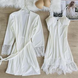 Ropa de dormir para mujer, bata de baño informal corta de otoño, conjunto de bata de kimono de terciopelo blanco de 2 piezas, ropa suave para el hogar, lencería íntima de encaje sexy