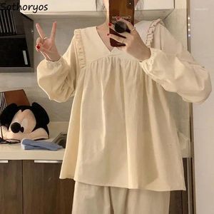 Vêtements de nuit pour femmes Automne Printemps Pyjama Ensembles Femmes Style Japonais Col V Doux Filles Lâche Solide Doux Deux Pièces Homesuit Femme Volants Confortable