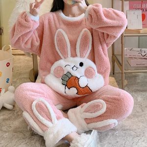 Vêtements de nuit pour femmes Automne Doux Princesse Pyjamas Ensemble Femmes Mignon Lapin Corail Polaire Chaud Maison Vêtements Filles Kawaii Dessin Animé Pijama 2 Pièce 231201