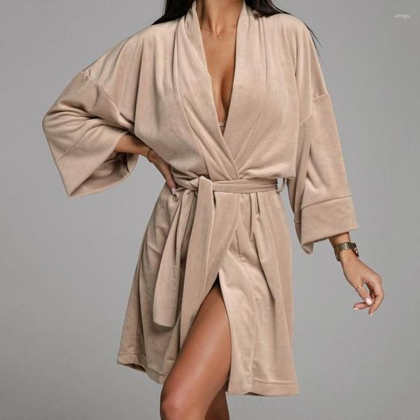 Vêtements de nuit pour femmes automne-vêtements velours velours kimono robe robe avec ceinture mini-peignoir sexy lingerie intime courte en V